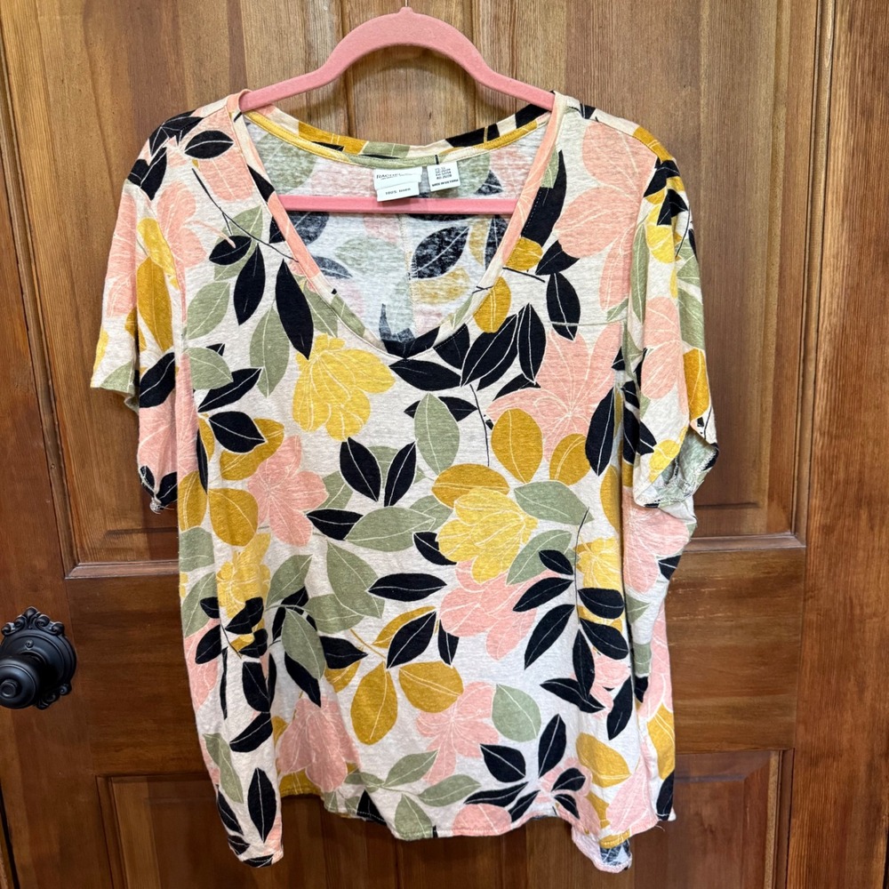 Rachel Zoe Womens 3X 100% Linen V-Neck Tropical Leaf Floral Short Sleeve Top